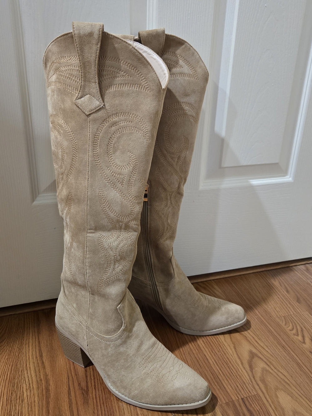 WetKiss Beige Suede Knee-High Heeled Boots